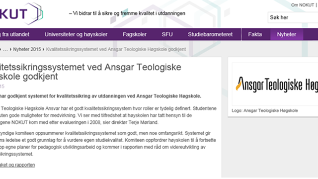 Kvalitetssikringssystemet ved Ansgar Teologiske Høgskole godkjent
